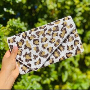 Kay Lee New York Leopard Print Seed Bead Envelope Clutch / Crossbody